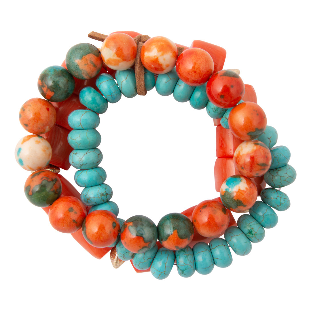 Sunset Sky Blue Turquoise and Orange Golden Bracelet Set