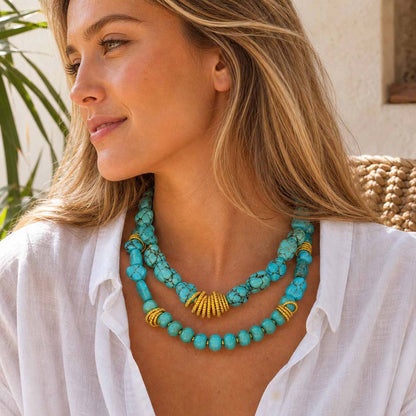 Big Sky Blue Turquoise Golden Cluster Statement Necklace