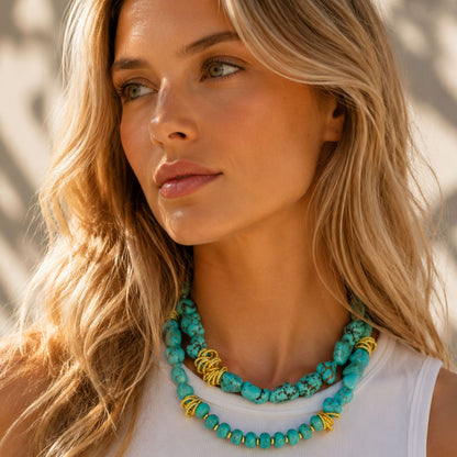 Big Sky Blue Turquoise Golden Cluster Statement Necklace