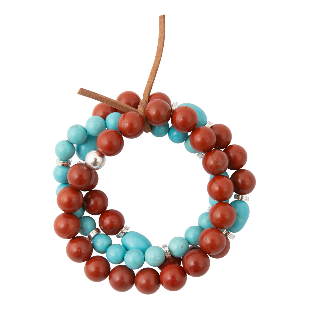Red Canyon Jasper Blue Turquoise Silver Bracelet Set: alternate white view