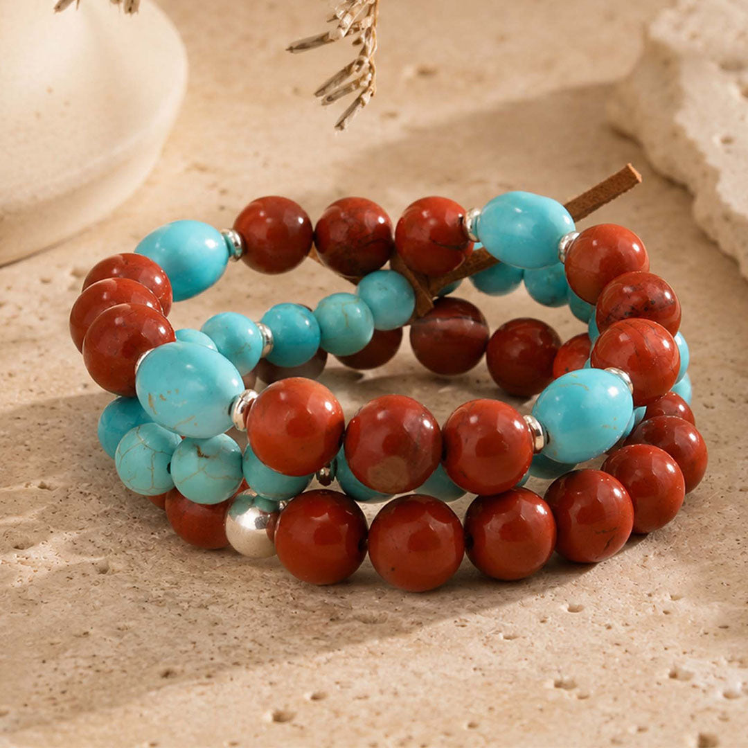 Red Canyon Jasper Blue Turquoise Silver Bracelet Set: lifestyle background