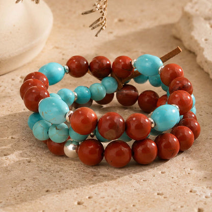 Red Canyon Jasper Blue Turquoise Silver Bracelet Set: lifestyle background