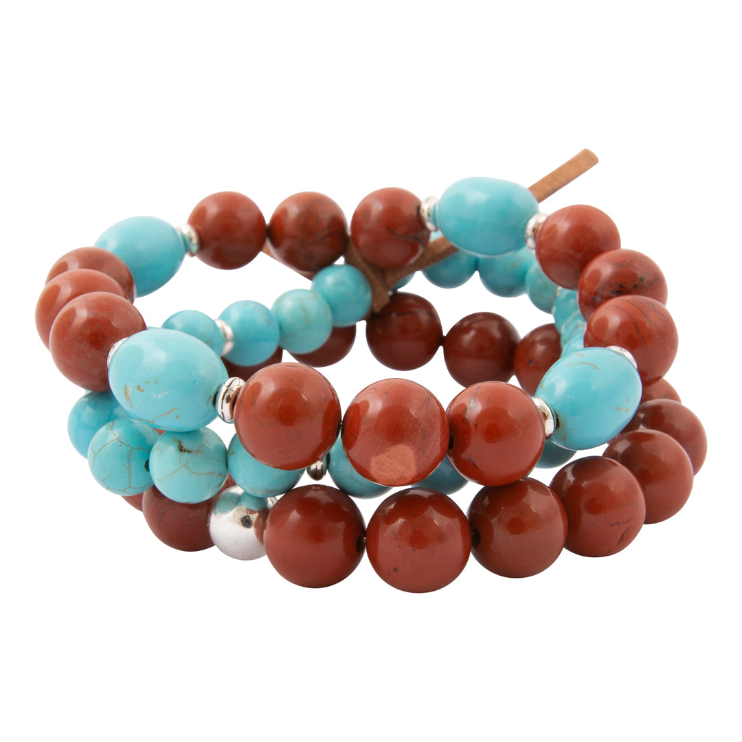 Red Canyon Jasper Blue Turquoise Silver Bracelet Set: side view