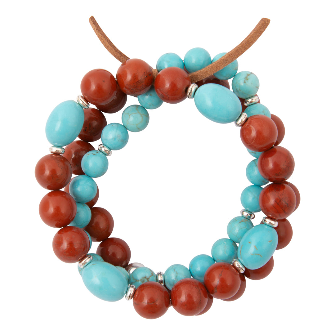 Red Canyon Jasper Blue Turquoise Silver Bracelet Set: front white