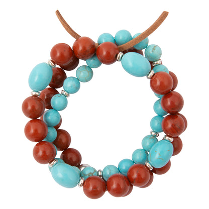 Red Canyon Jasper Blue Turquoise Silver Bracelet Set: front white