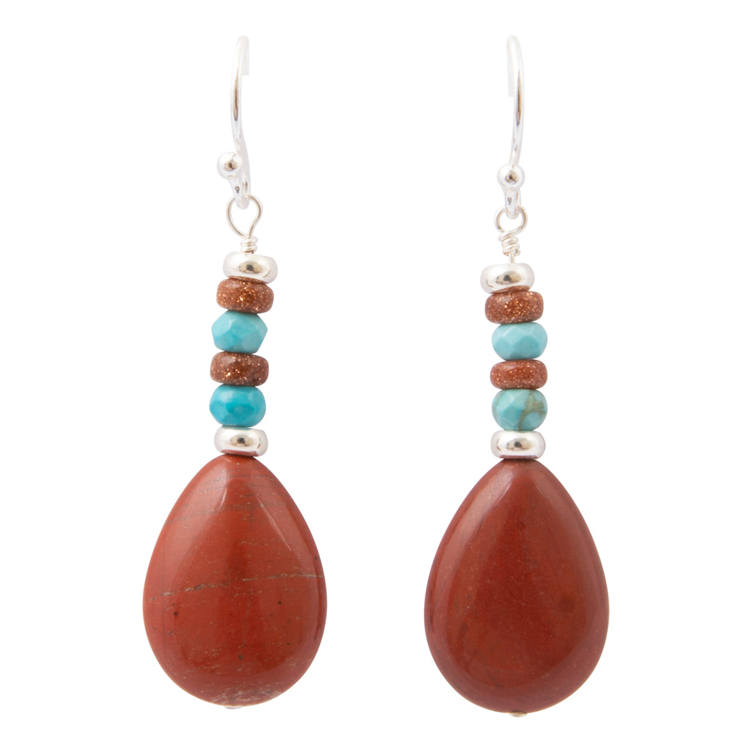 Red Canyon Jasper Blue Turquoise Silver Drop Earrings