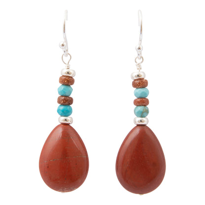 Red Canyon Jasper Blue Turquoise Silver Drop Earrings