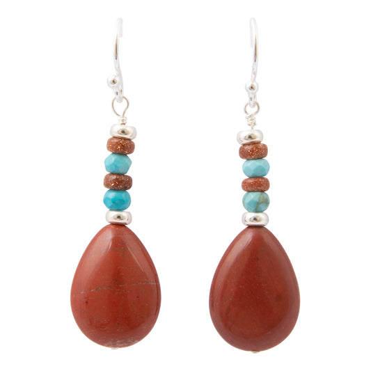Red Canyon Jasper Blue Turquoise Silver Drop Earrings