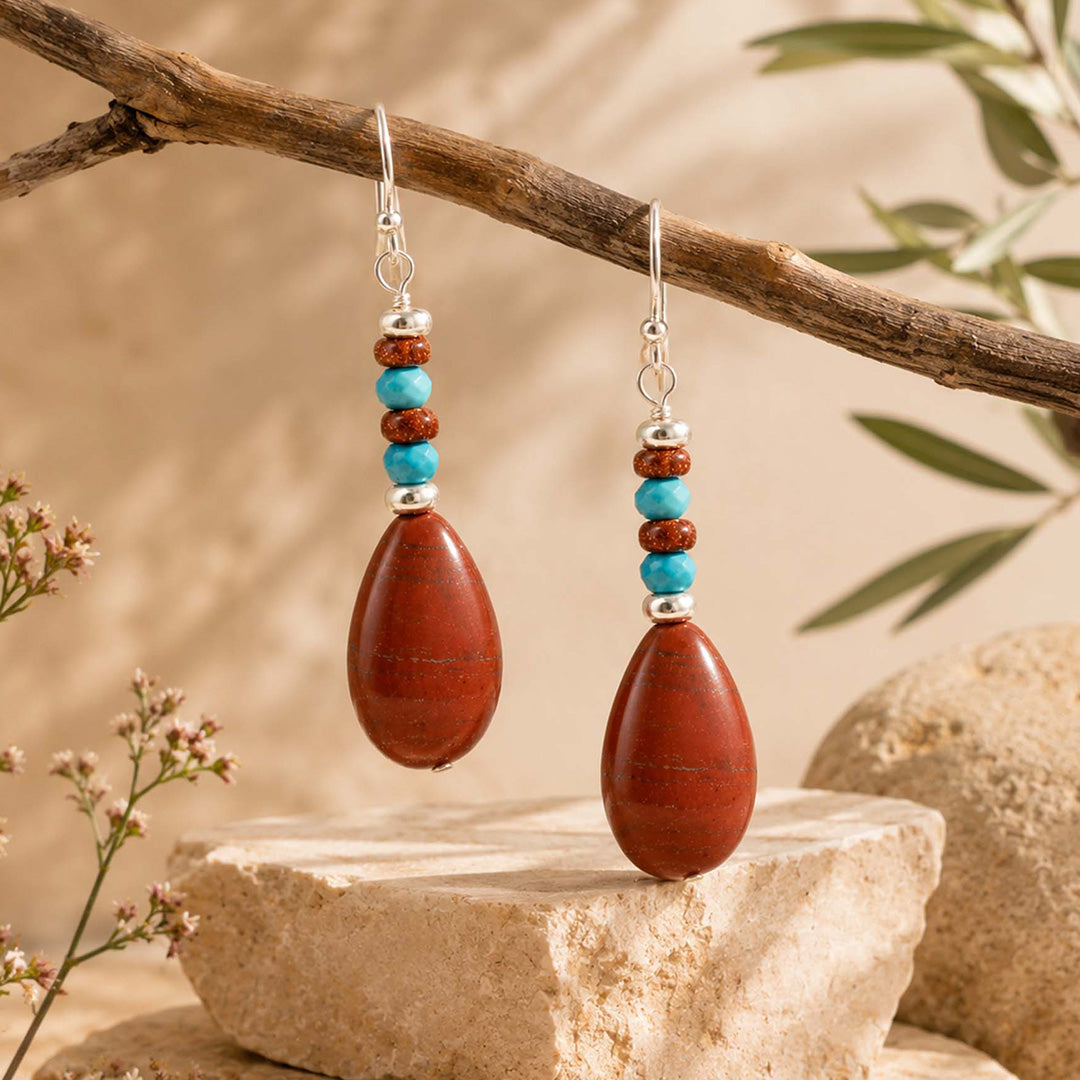Red Canyon Jasper Blue Turquoise Silver Drop Earrings