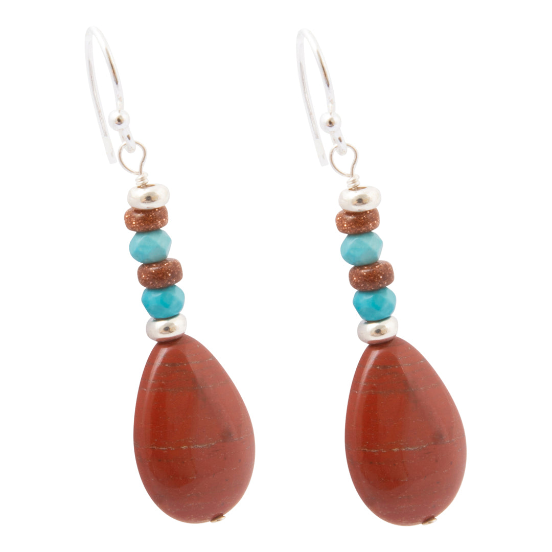 Red Canyon Jasper Blue Turquoise Silver Drop Earrings