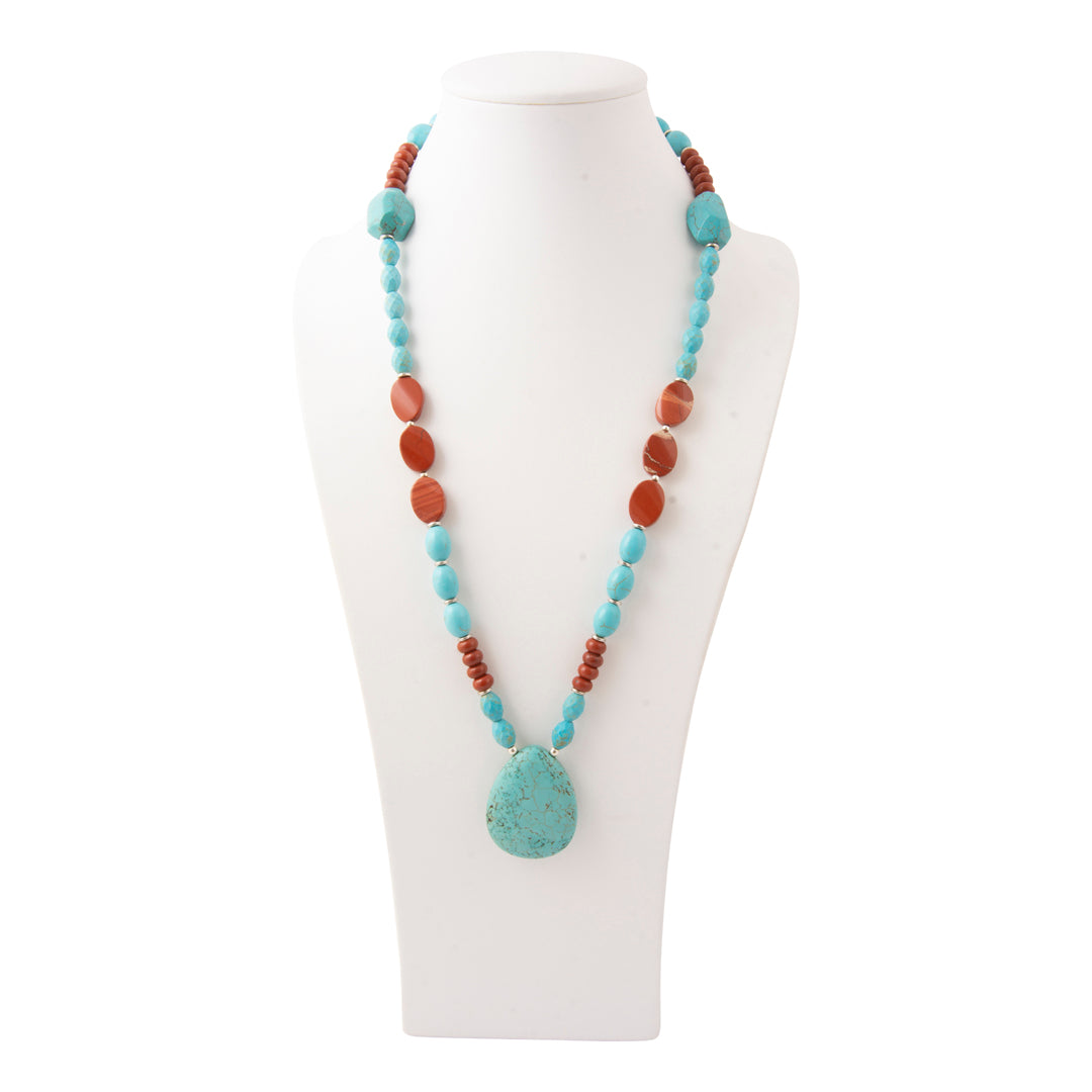 Red Canyon Jasper Blue Turquoise Silver Long Statement Necklace