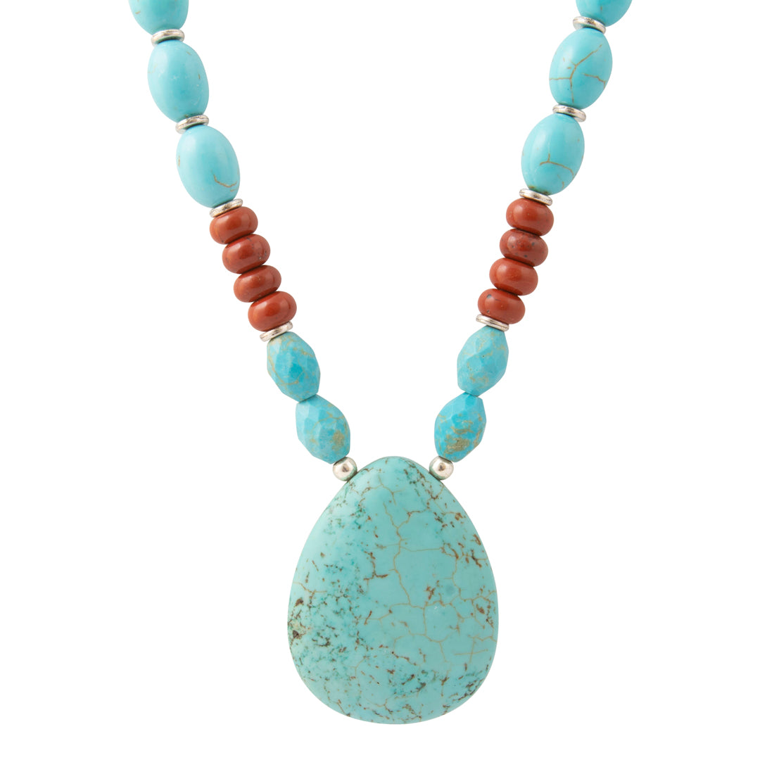 Red Canyon Jasper Blue Turquoise Silver Long Statement Necklace