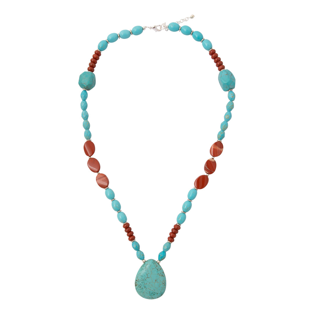 Red Canyon Jasper Blue Turquoise Silver Long Statement Necklace