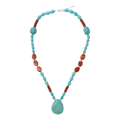 Red Canyon Jasper Blue Turquoise Silver Long Statement Necklace