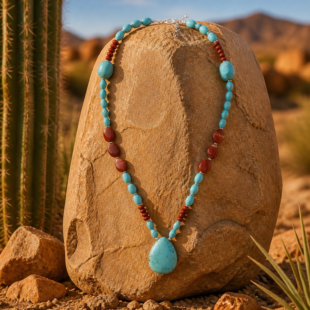 Red Canyon Jasper Blue Turquoise Silver Long Statement Necklace