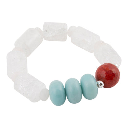 A beaded stretch bracelet featuring textured white cylindrical beads, four smooth light blue oval beads, and a single faceted red round bead separated by a small silver spacer, shown on a plain white background.