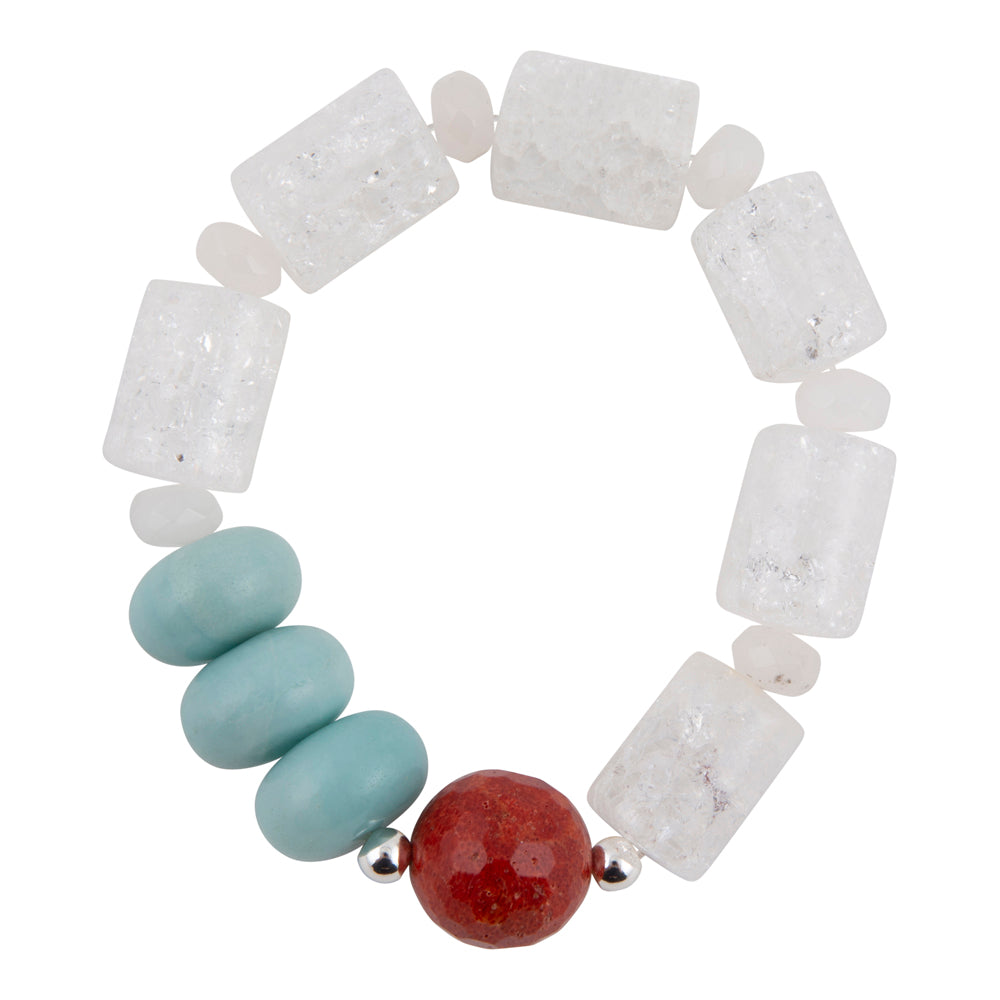 A beaded stretch bracelet featuring textured white rectangular crystals, four smooth light blue beads, and a single red faceted bead, separated by small silver spacer beads, on a solid white background.