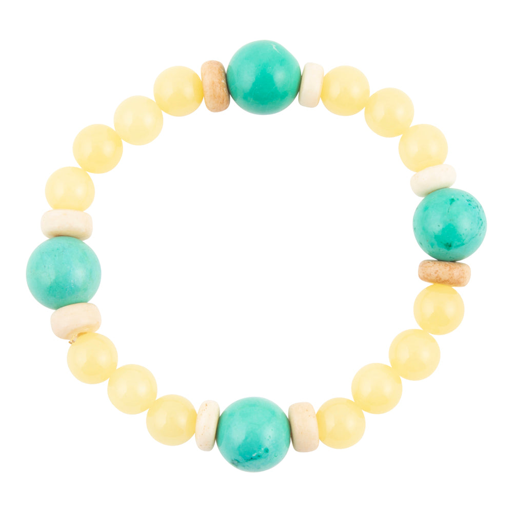 A beaded stretch bracelet featuring light yellow round beads, two larger turquoise-blue round beads, and several small natural wood spacers, shown on a plain white background.