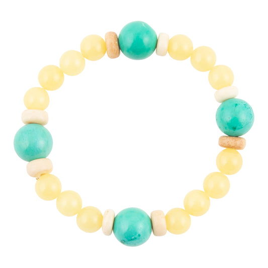 A beaded stretch bracelet featuring light yellow round beads, two larger turquoise-blue round beads, and several small natural wood spacers, shown on a plain white background.