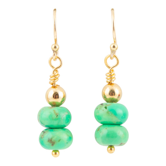 A pair of gold and turquoise drop earrings, featuring three stacked round turquoise beads on each earring with a polished gold bead and a small gold accent below, set against a plain white background.