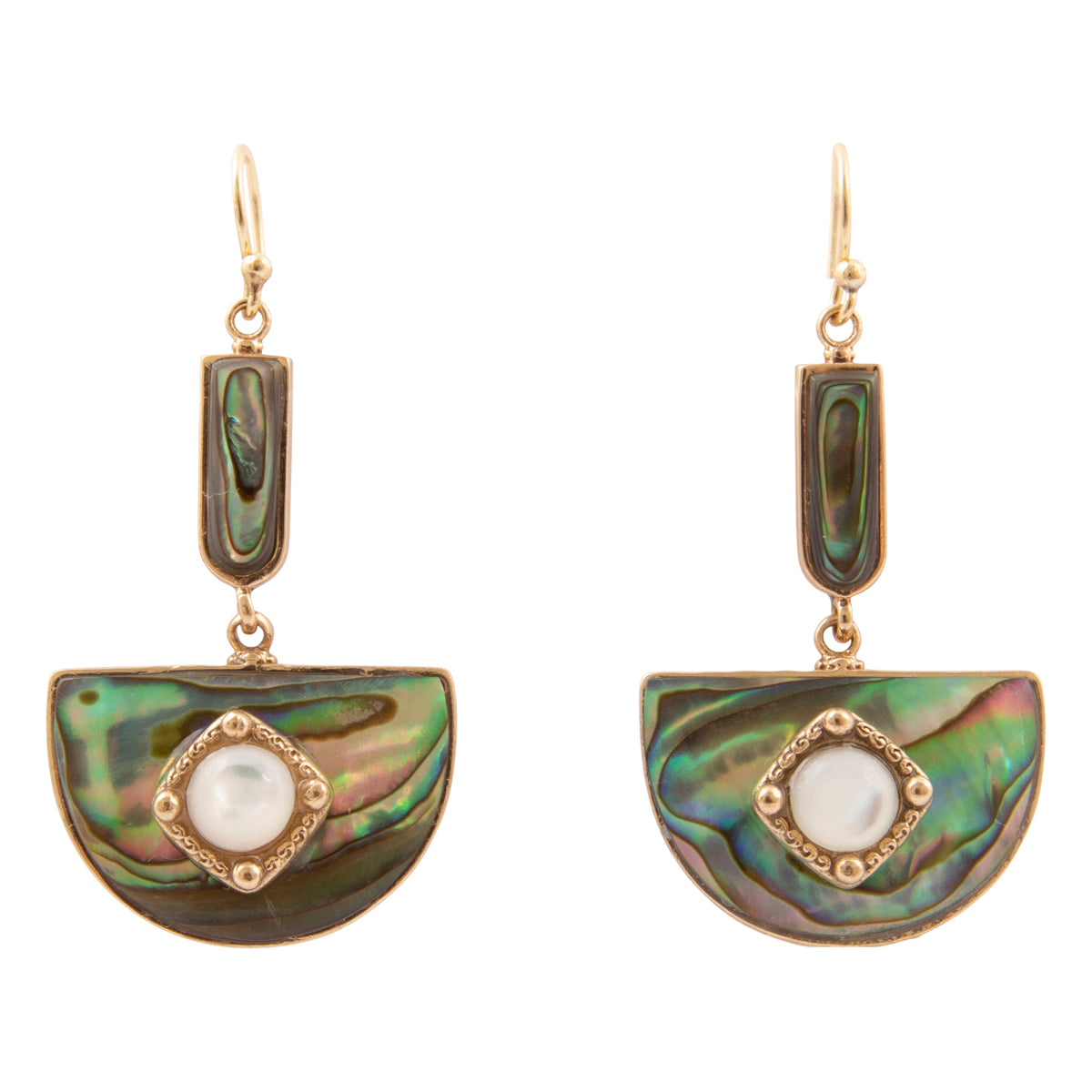 A pair of gold and abalone shell drop earrings on a solid white background. Each earring features a gold fishhook wire, a small vertical gold and abalone rectangular section, and a larger curved abalone shell dangle with a central gold and abalone eye-like frame containing a white pearl.