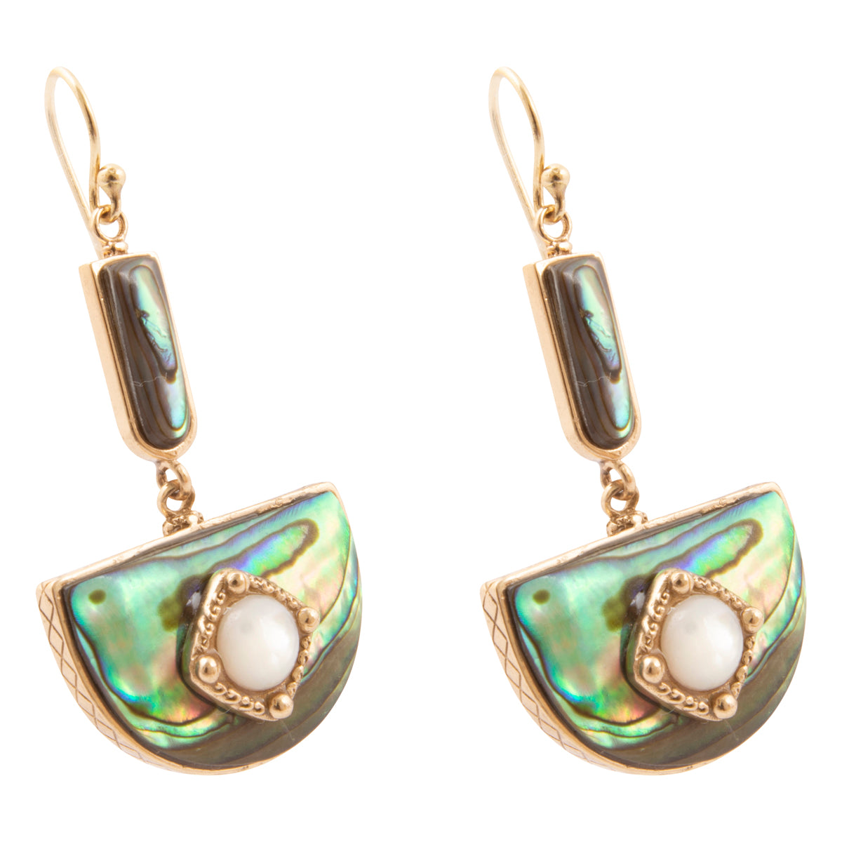 A pair of gold-tone drop earrings featuring iridescent abalone shell pieces in green, blue, and gray tones, with a central white pearl and decorative gold bezel setting.