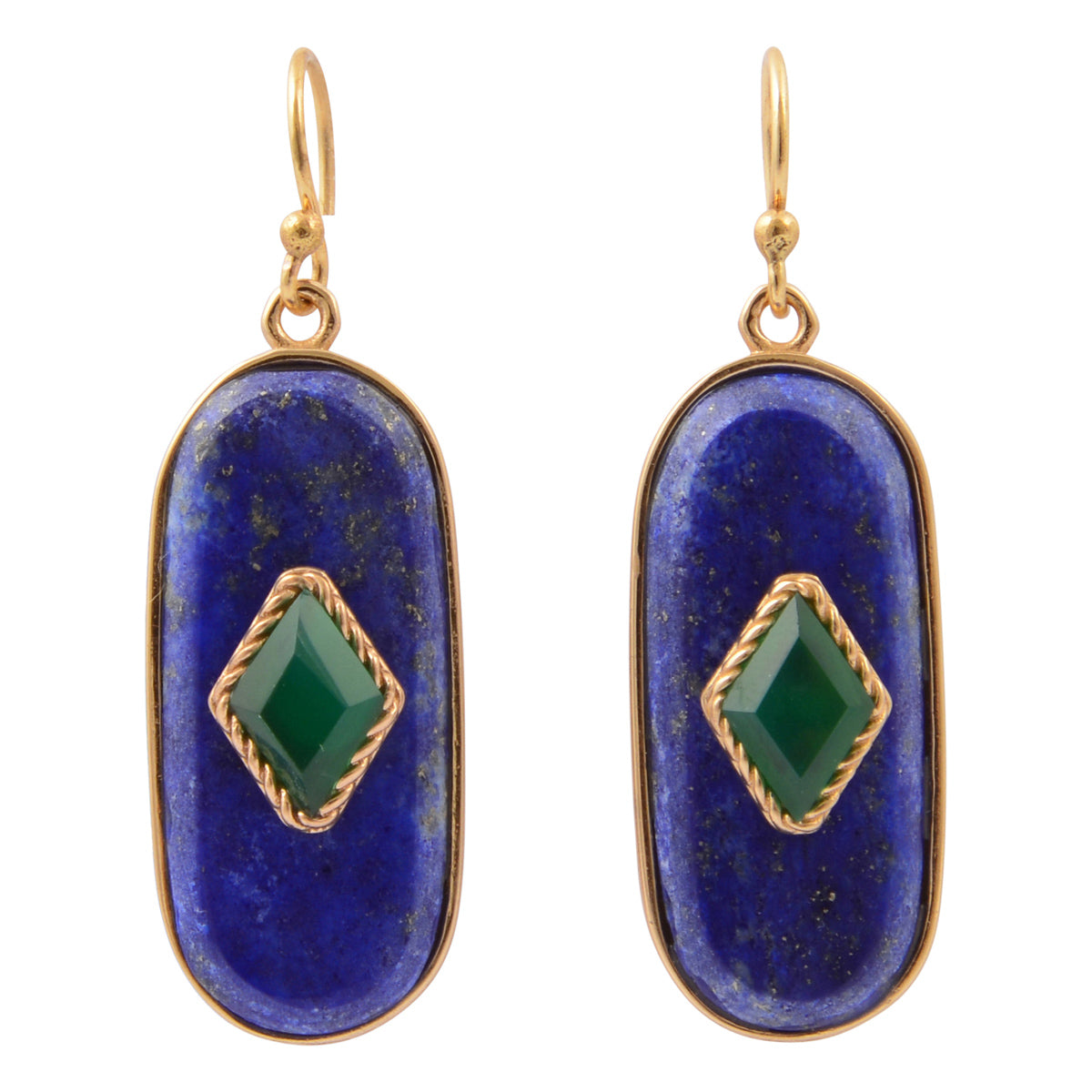 Night Sky Blue Lapis and Green Onyx Golden Drop Earrings