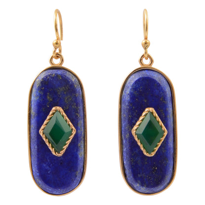 Night Sky Blue Lapis and Green Onyx Golden Drop Earrings