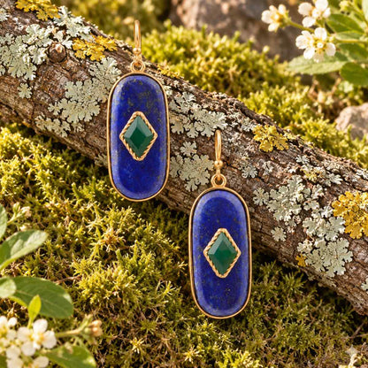 Night Sky Blue Lapis and Green Onyx Golden Drop Earrings