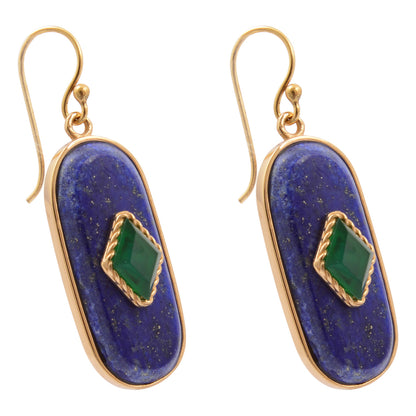 Night Sky Blue Lapis and Green Onyx Golden Drop Earrings