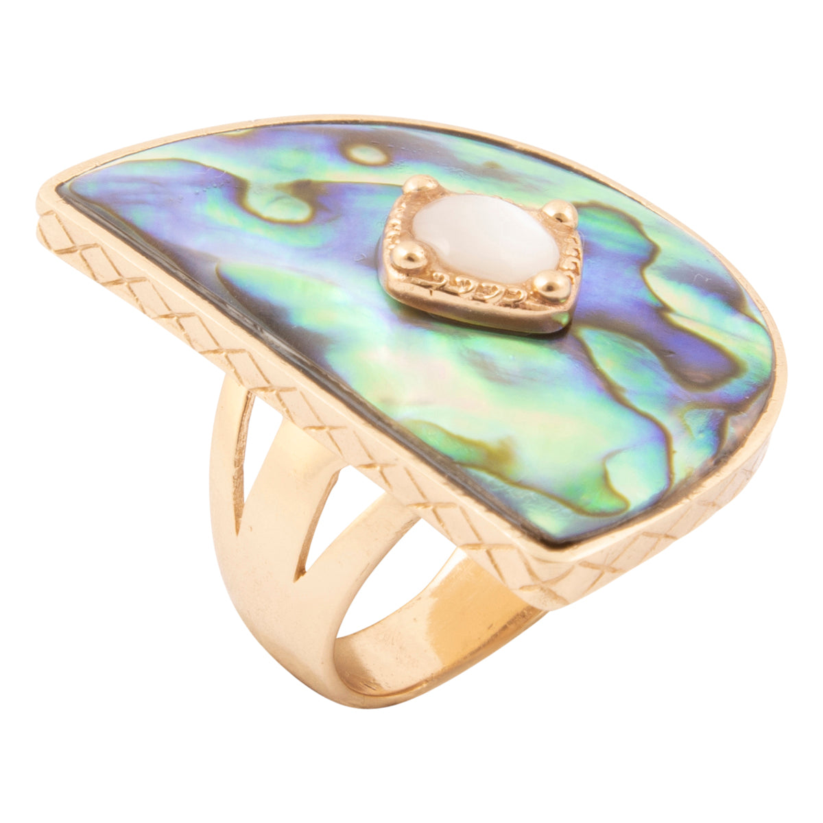 A gold ring featuring a large, irregular-shaped abalone shell inlay with iridescent green, blue, and purple hues, accented by a central oval white stone in a gold bezel.