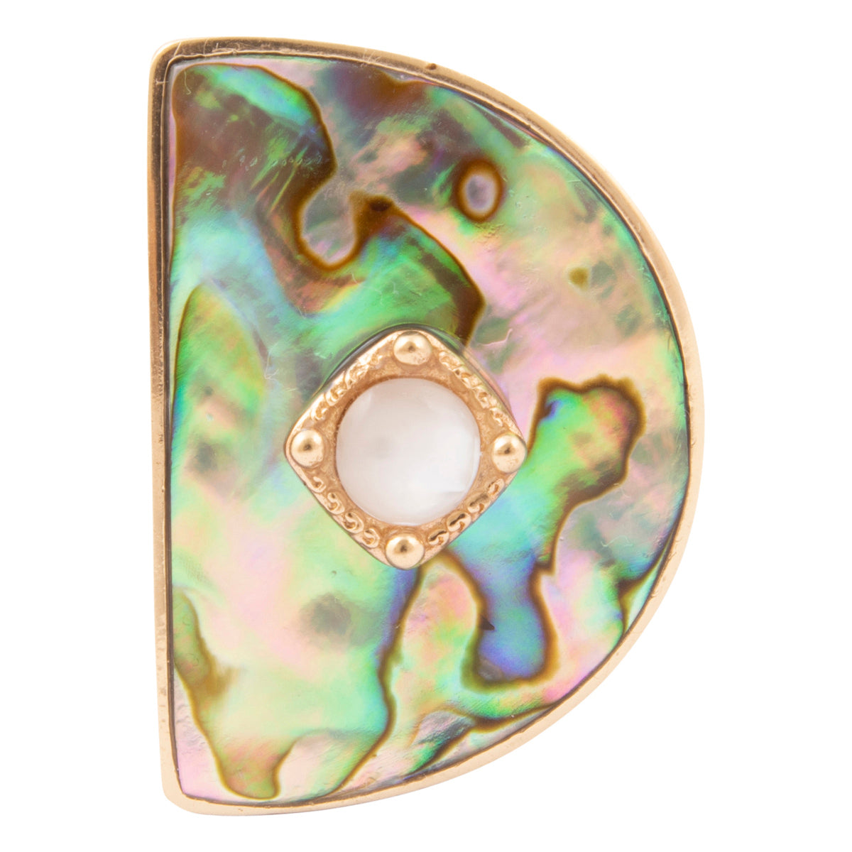 A gold-tone semicircle brooch featuring an iridescent abalone shell inlay with green, purple, and blue hues, and a central gold diamond-shaped frame with a white pearl.
