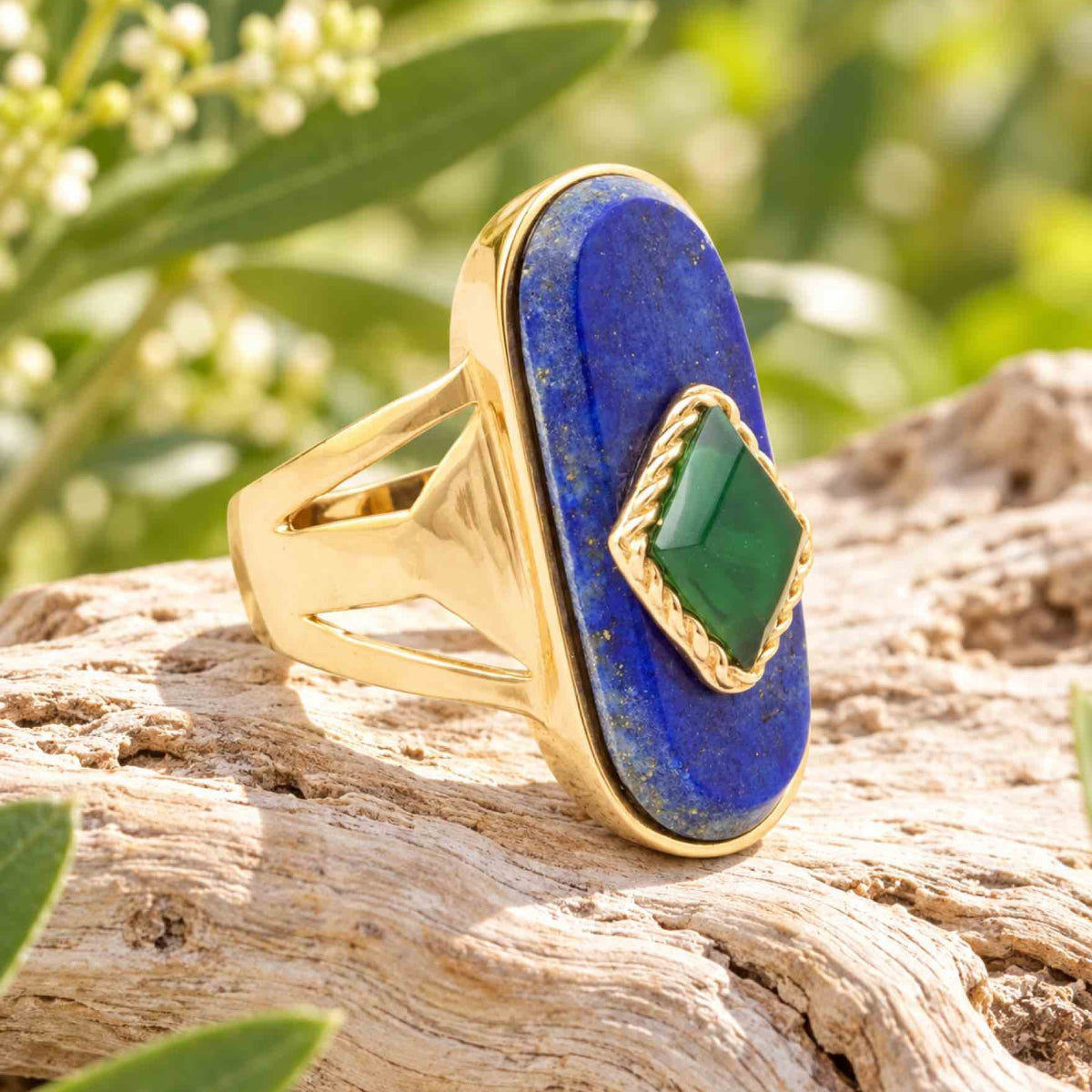 Night Sky Blue Lapis and Green Onyx Golden Statement Ring