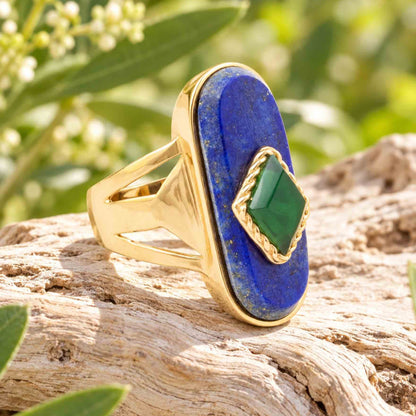 Night Sky Blue Lapis and Green Onyx Golden Statement Ring