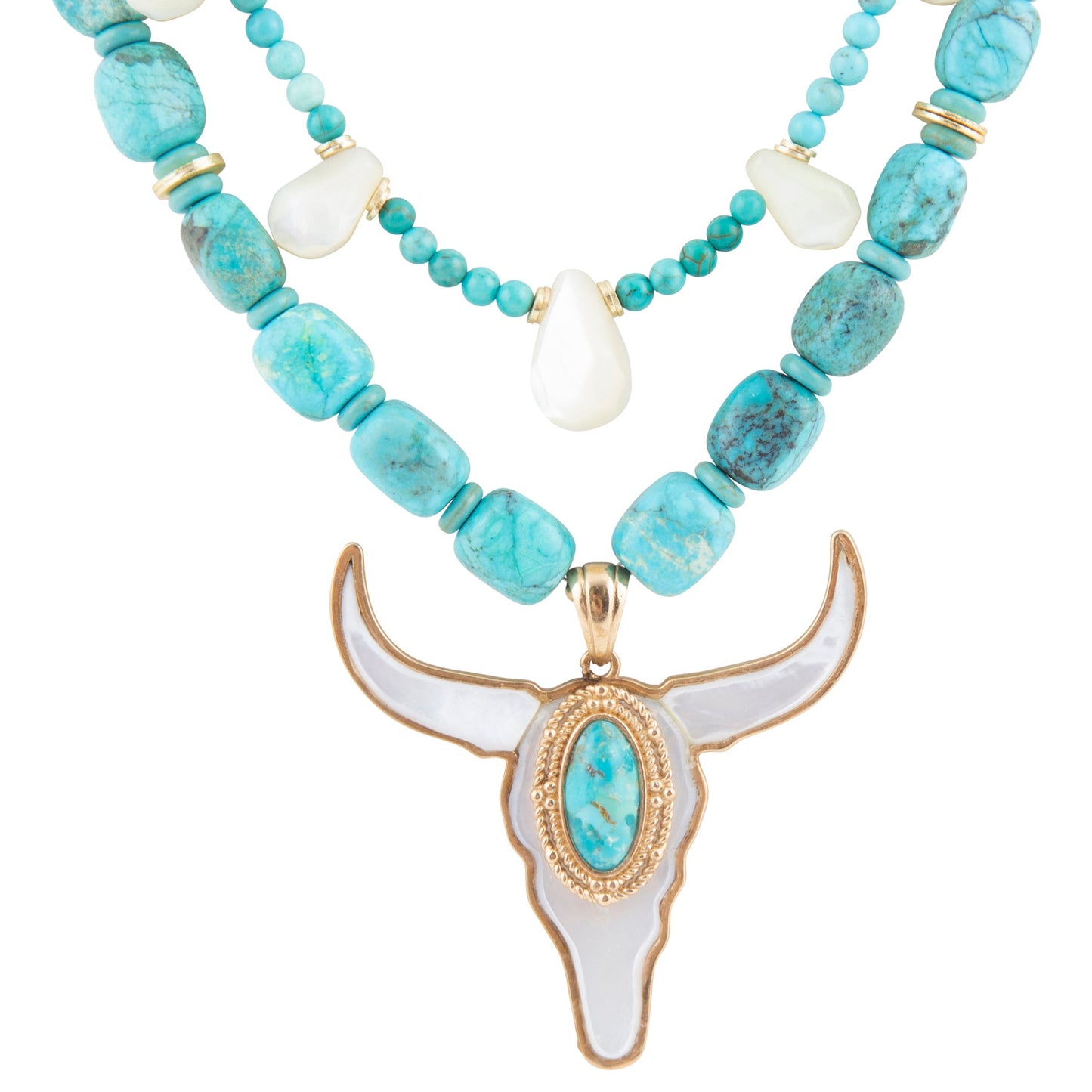 Turquoise beaded necklace with a longhorn bull head pendant on a white background