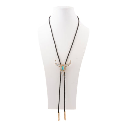 Longhorn Blue Turquoise and White Mother of Pearl Bolo Necklace