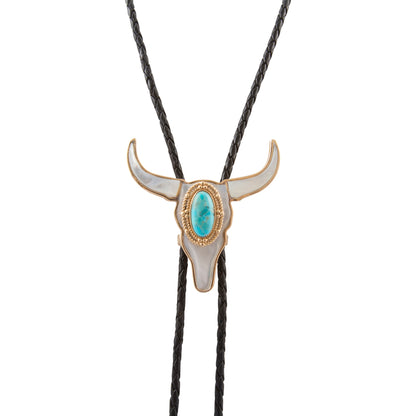 Longhorn Blue Turquoise and White Mother of Pearl Bolo Necklace