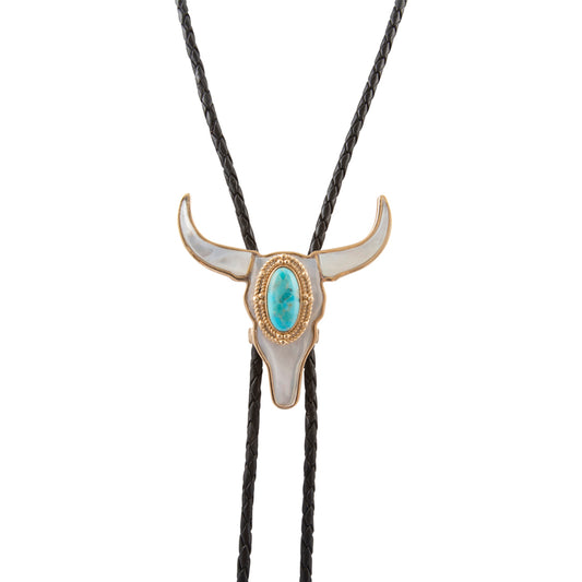 Longhorn Blue Turquoise and White Mother of Pearl Bolo Necklace