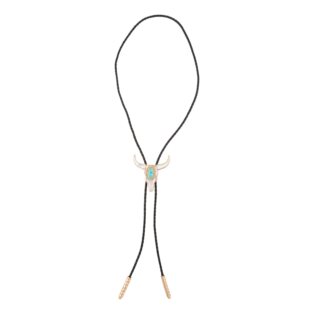 Longhorn Blue Turquoise and White Mother of Pearl Bolo Necklace
