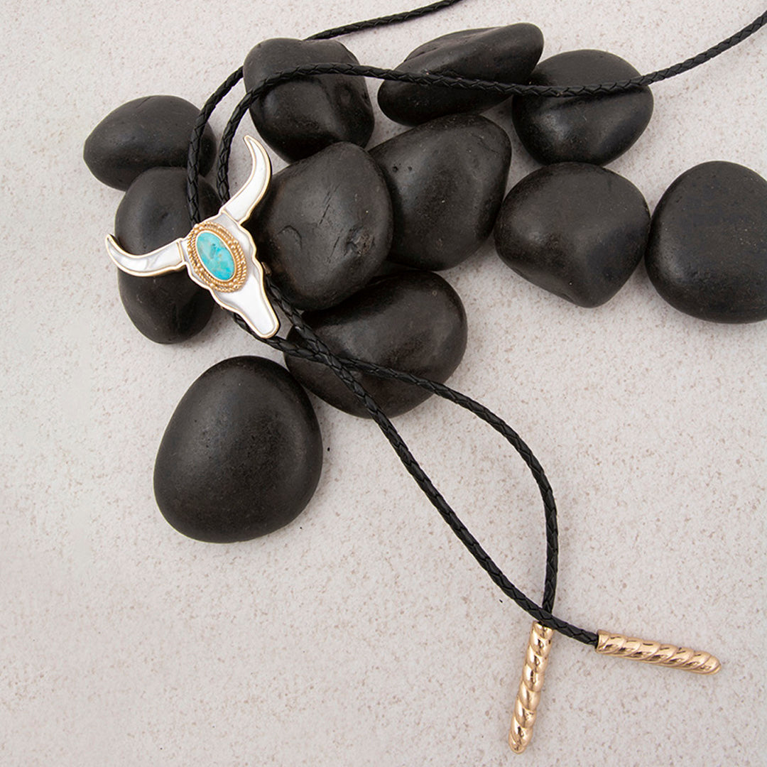 Longhorn Blue Turquoise and White Mother of Pearl Bolo Necklace