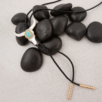 Longhorn Blue Turquoise and White Mother of Pearl Bolo Necklace