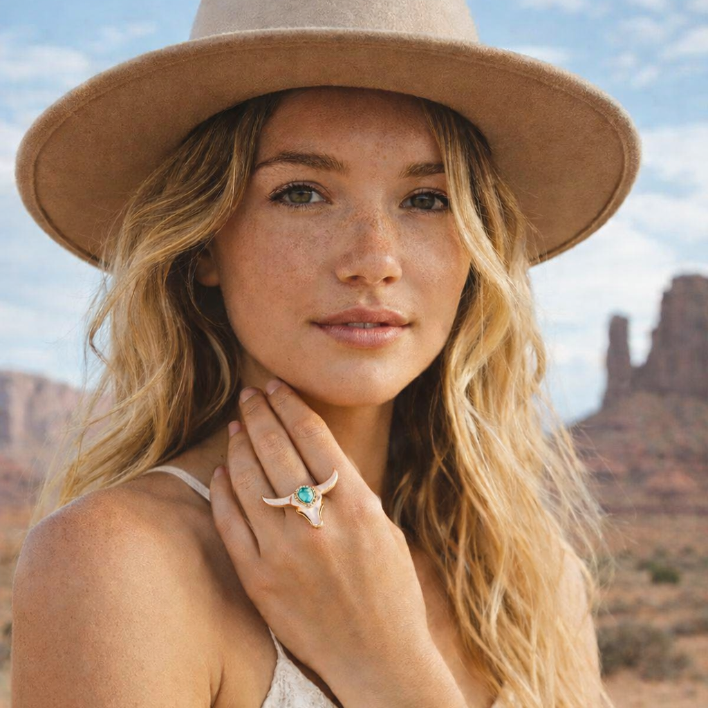 Woman wearing a beige hat and white dress with a desert landscape in the background