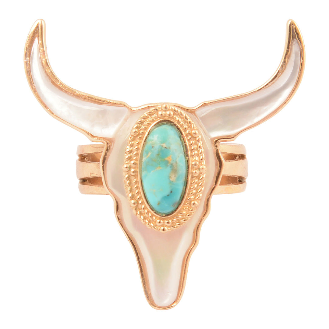 Gold bull head-shaped ring with turquoise stone on a white background