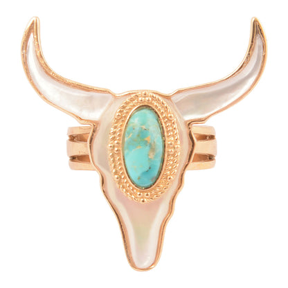 Gold bull head-shaped ring with turquoise stone on a white background