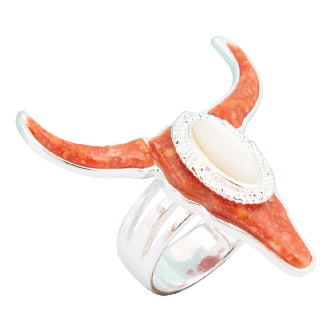 Longhorn Orange Sponge Coral Silver Ring
