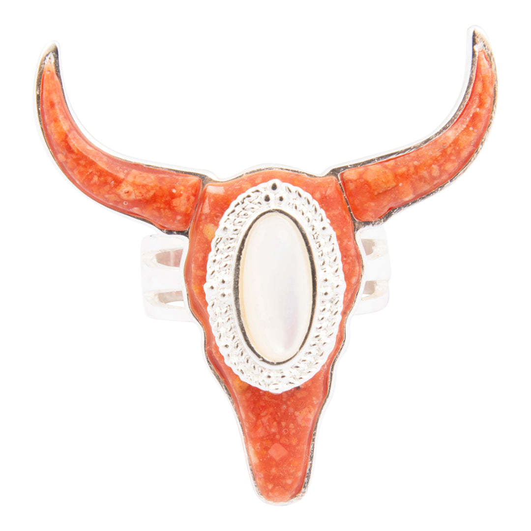Decorative bull horn with a white center on a white background