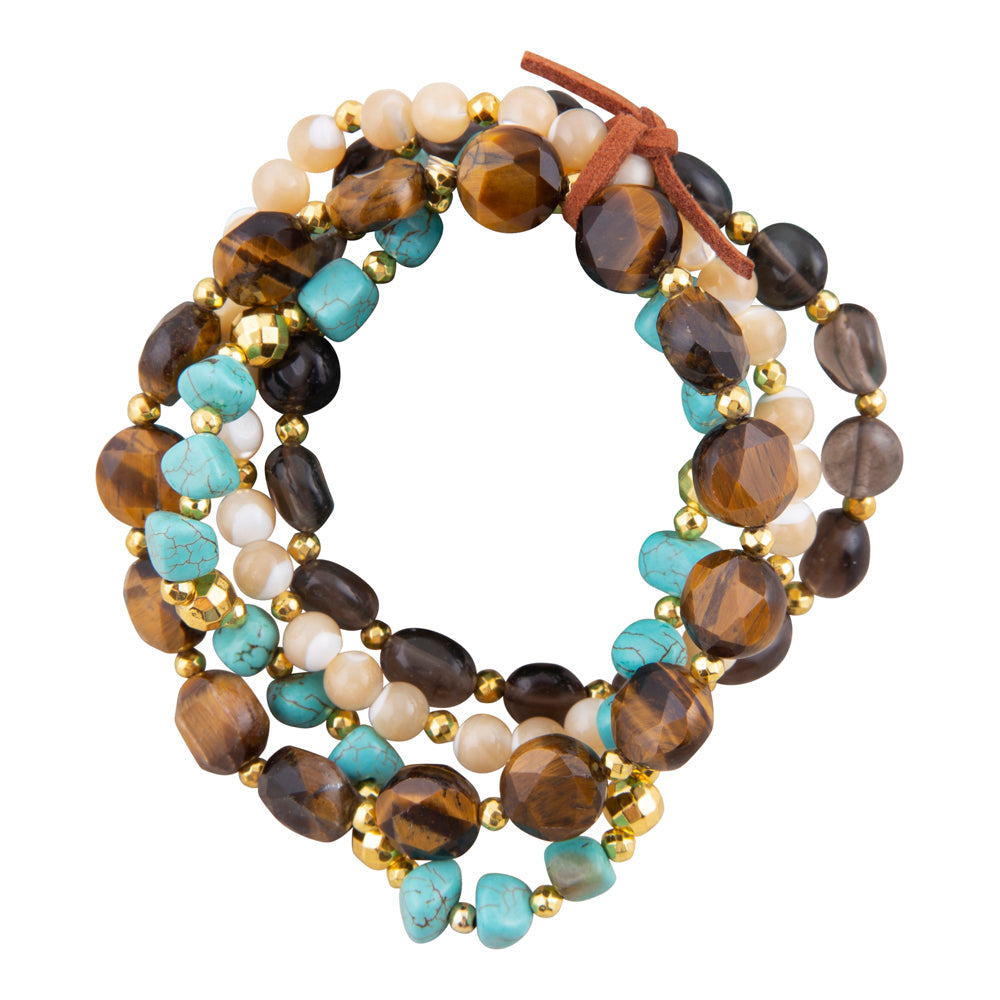 Multistrand beaded bracelet with brown, turquoise, and gold beads on a white background