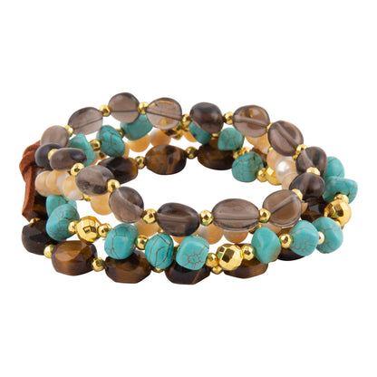 Brown Tiger's Eye and Blue Turquoise Golden Bracelet Set