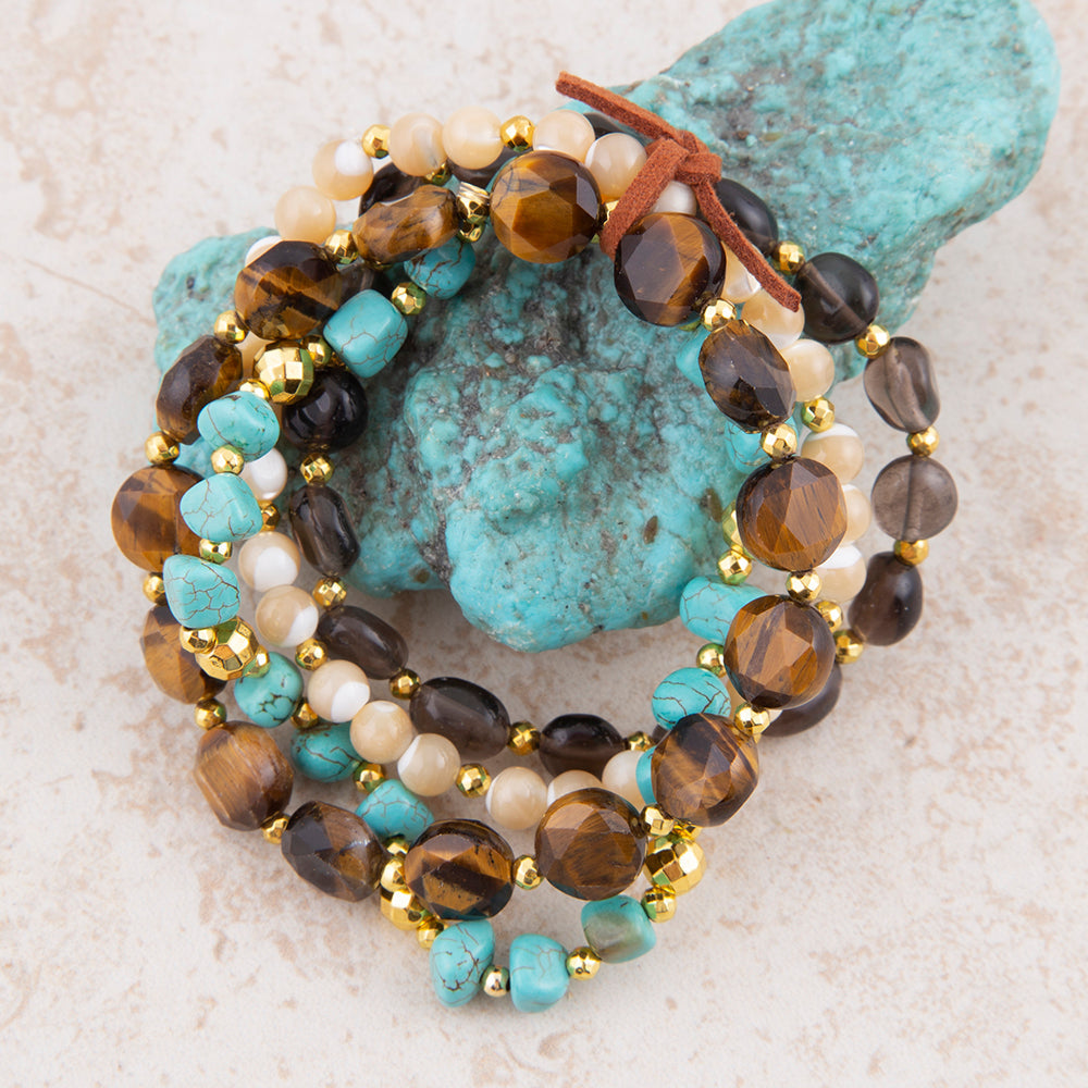 Brown Tiger's Eye and Blue Turquoise Golden Bracelet Set
