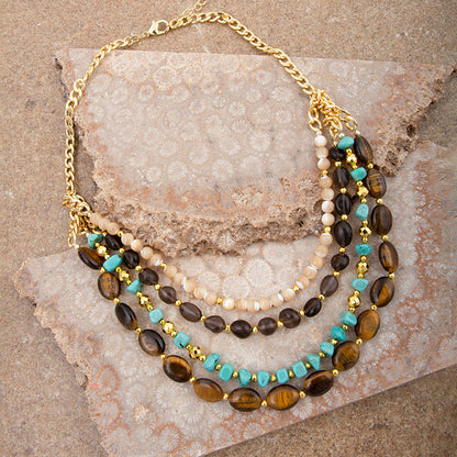 Brown Tiger's Eye and Turquoise Golden Statement Necklace